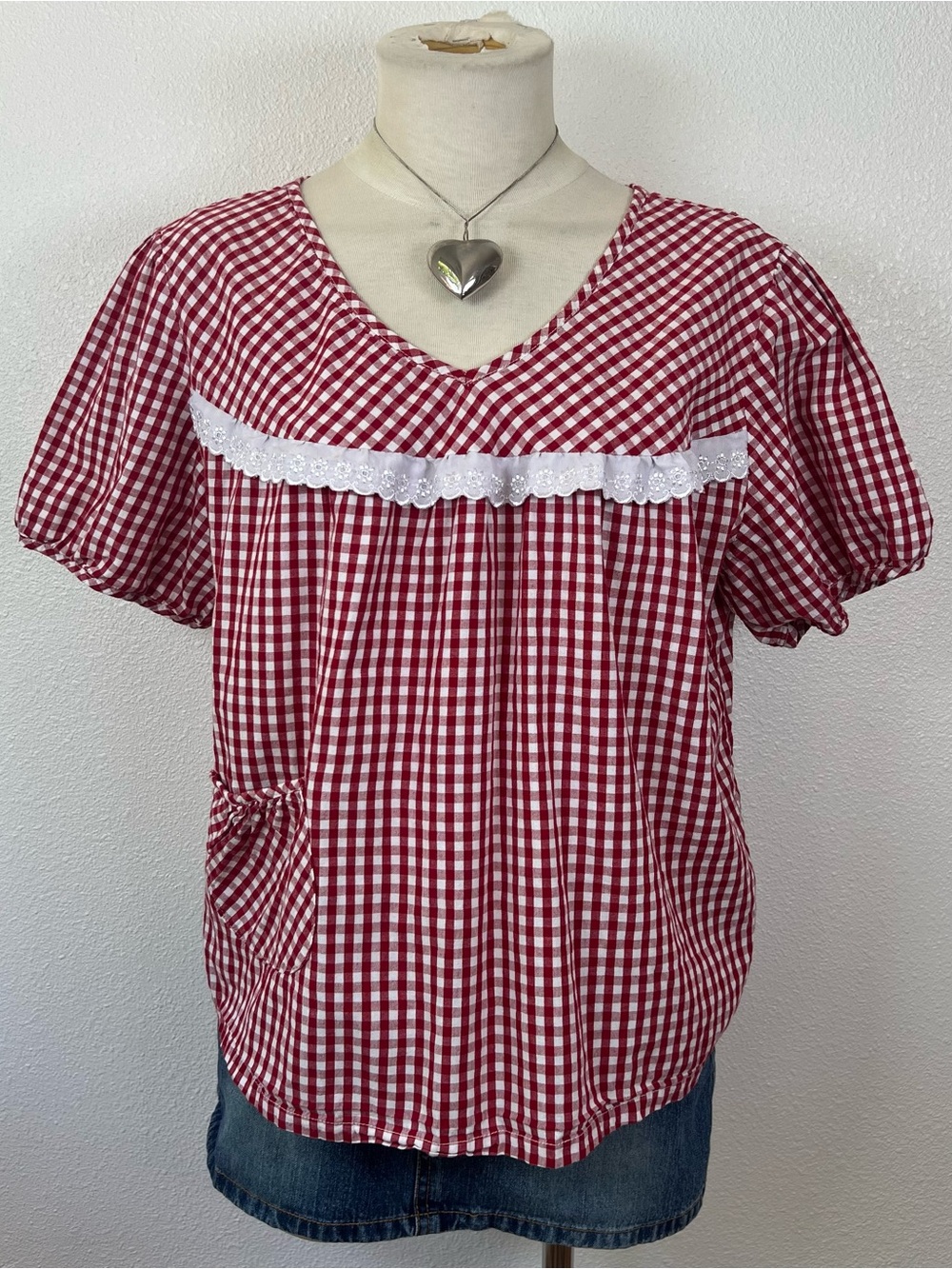 Red Gingham Lace-Trim Puff Sleeve Top